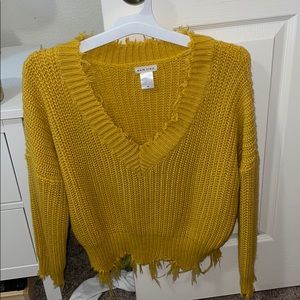 Yellow v-neck frayed sweater